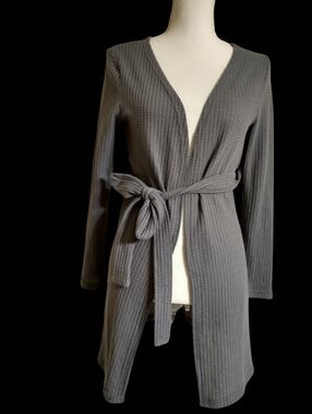 Gray Waffle Knit Cardigan with Belt
